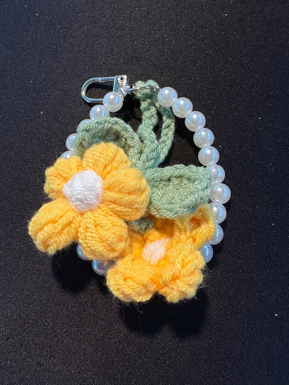 Handmade Yellow Crochet Flower Keychain with Pearl Bead Loop